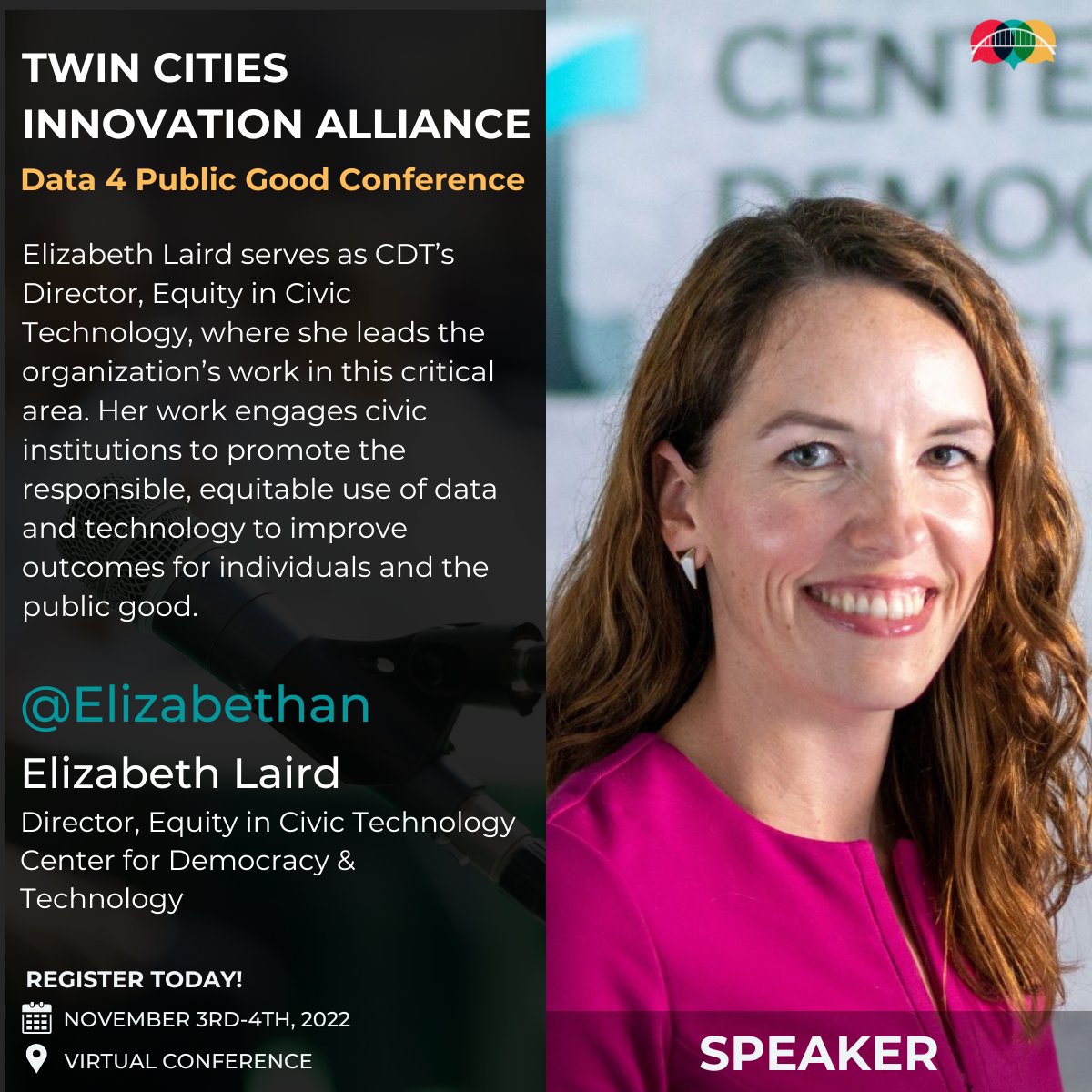 TCIAMN's tweet image. Just Announced🔊! @TCIAMN 2022 #D4PG Conference Speaker ~ Elizabeth Laird--@elizabethan with @CenDemTech!  
Register Today: tinyurl.com/2p8bcxa9
#PublicInterestTech #PublicInterestTechTCIA #D4PG