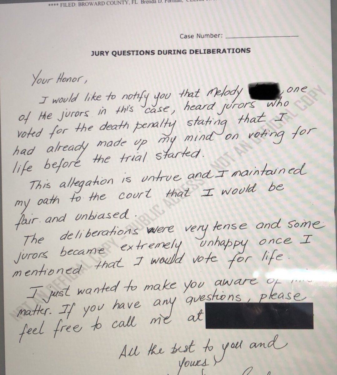 #ParklandSchoolMassacre juror writes a letter to the judge denying she made up her mind before the deliberations started. <a href="/CourtTV/">Court TV</a> <a href="/grinsli/">Emanuella Grinberg</a>
