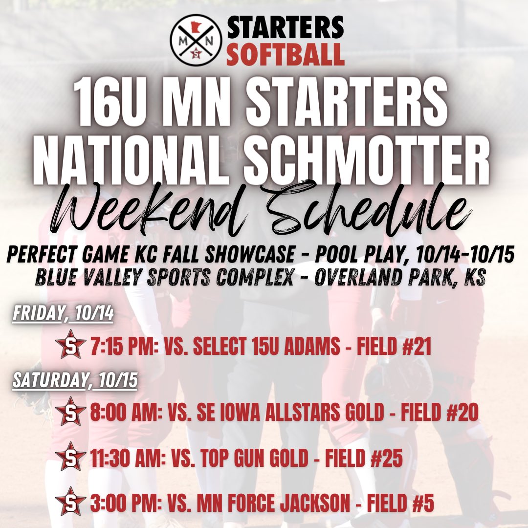 MN 🚗🔜 KC

We have ✌️ of our National teams travelling to Kansas City for the @perfectgamesoftball KC October Showcase!

Come check our 18U National team and 16U National Schmotter team this weekend and follow us on <a href="/gcsports/">GroupChat Sports</a> 🥎

#WeAreStarters⭐️ | #DevelopmentStartsHere📈