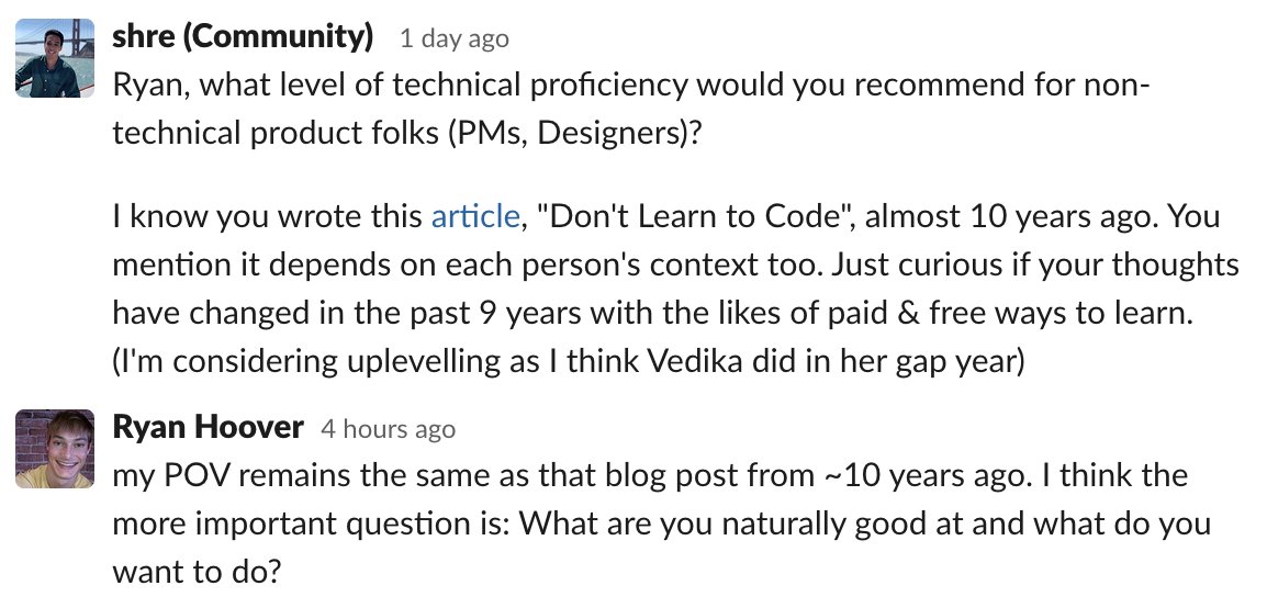 I did a good 'ol fashion AMA in @lennysan's newsletter Slack earlier today. Sharing a few Q&As on building, investing, remote work, and not coding.