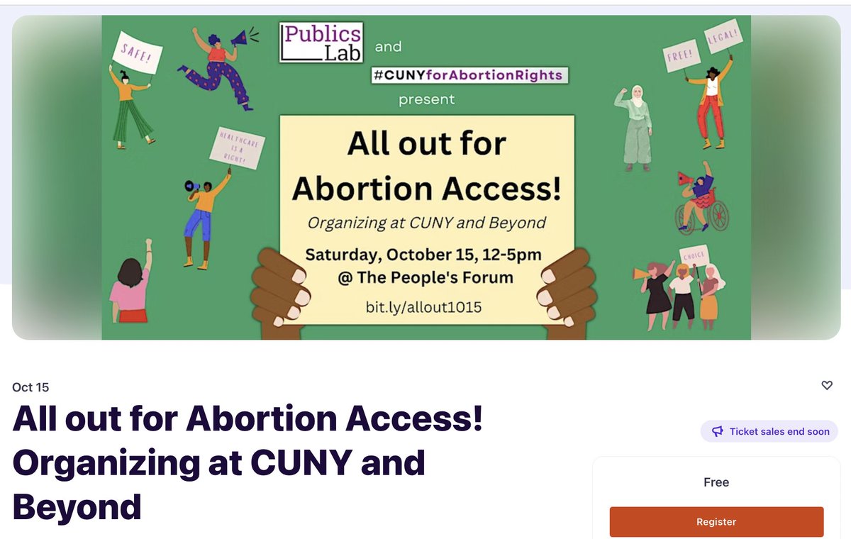 Anahi Viladrich (@prof_anahi) on Twitter photo CUNY for abortion rights! The PublicsLab and CUNY for Abortion Rights is hosting an in-person gathering this Sat., 10/15O, 12-5pm at The People's Forum. <a href="/CUNY4AR/">CUNY for Abortion Rights</a> <a href="/QCToday/">Queens College Today</a> <a href="/CUNY/">The City University of New York</a> Register here: eventbrite.com/e/all-out-for-… CUNY for abortion rights! The PublicsLab and CUNY for Abortion Rights is hosting an in-person gathering this Sat., 10/15O, 12-5pm at The People's Forum. <a href="/CUNY4AR/">CUNY for Abortion Rights</a> <a href="/QCToday/">Queens College Today</a> <a href="/CUNY/">The City University of New York</a> Register here: eventbrite.com/e/all-out-for-…