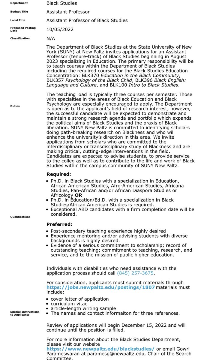 CulturedModesty's tweet photo. “The Department of Black Studies at the State University of New York (SUNY) at New Paltz invites applications for an Assistant Professor (tenure-track) of Black Studies beginning in August 2023 specializing in Education.” @ddhewty @AshleyDDennis 

https://t.co/4Nnuj0JtH6 https://t.co/nZgzquAmih