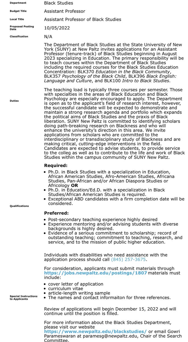 “The Department of Black Studies at the State University of New York (SUNY) at New Paltz invites applications for an Assistant Professor (tenure-track) of Black Studies beginning in August 2023 specializing in Education.” @ddhewty @AshleyDDennis jobs.newpaltz.edu/postings/1808