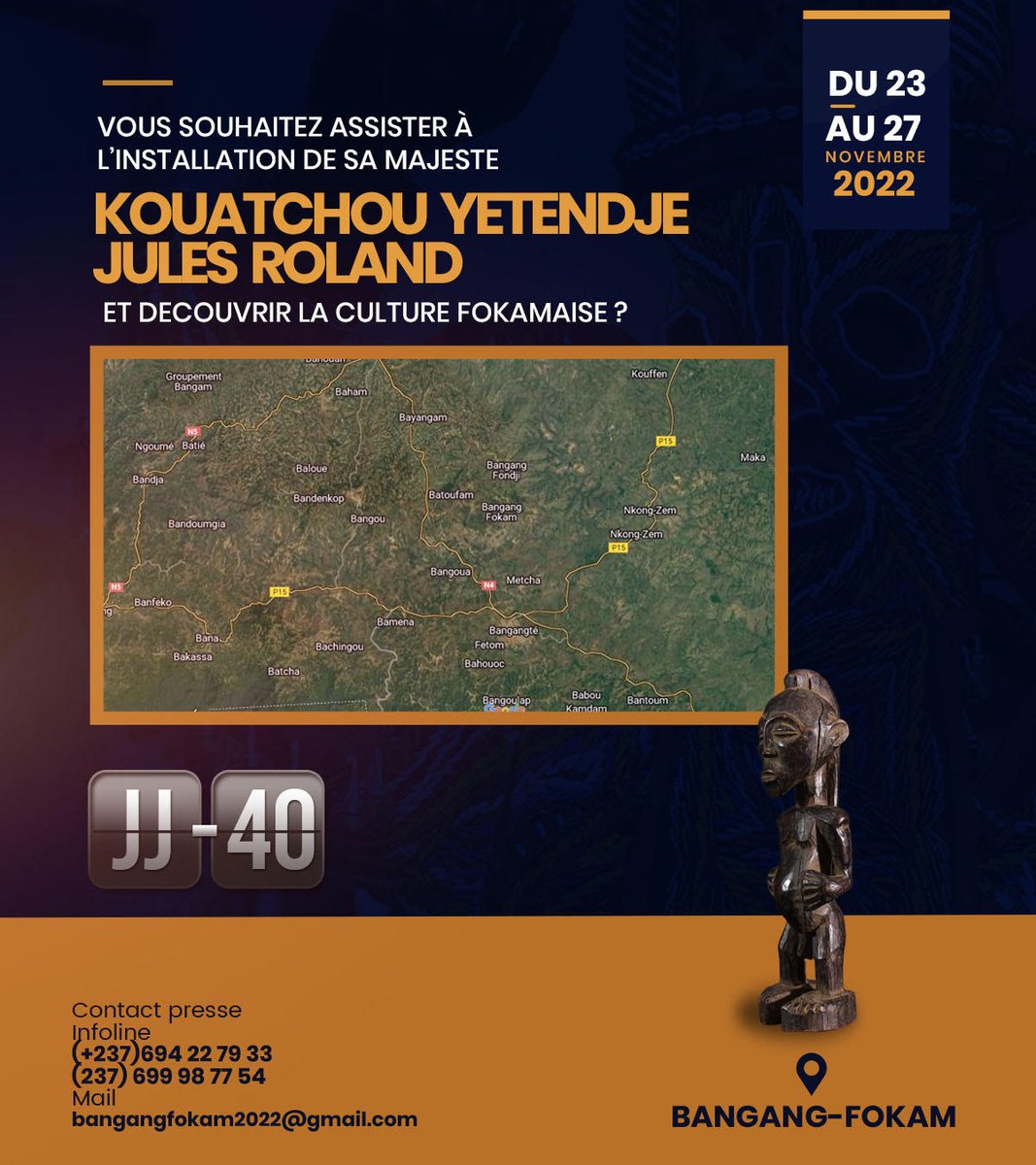 BangangFokam's tweet photo. Dans moins de 40 jours, Bangang-Fokam vibrera au rythme des festivités marquant la sortie de sa Majesté 𝑲𝑶𝑼𝑨𝑻𝑪𝑯𝑶𝑼 𝒀𝑬𝑻𝑬𝑵𝑫𝑱𝑬 𝑱𝒖𝒍𝒆𝒔 𝑹𝒐𝒍𝒂𝒏𝒅 du La'akam. Pendant 05 jours, nous  vous accueillerons chaleureusement.
#KYJRDAYS #BANGANGFOKAM #23nov2022 https://t.co/NevxTTyIDU