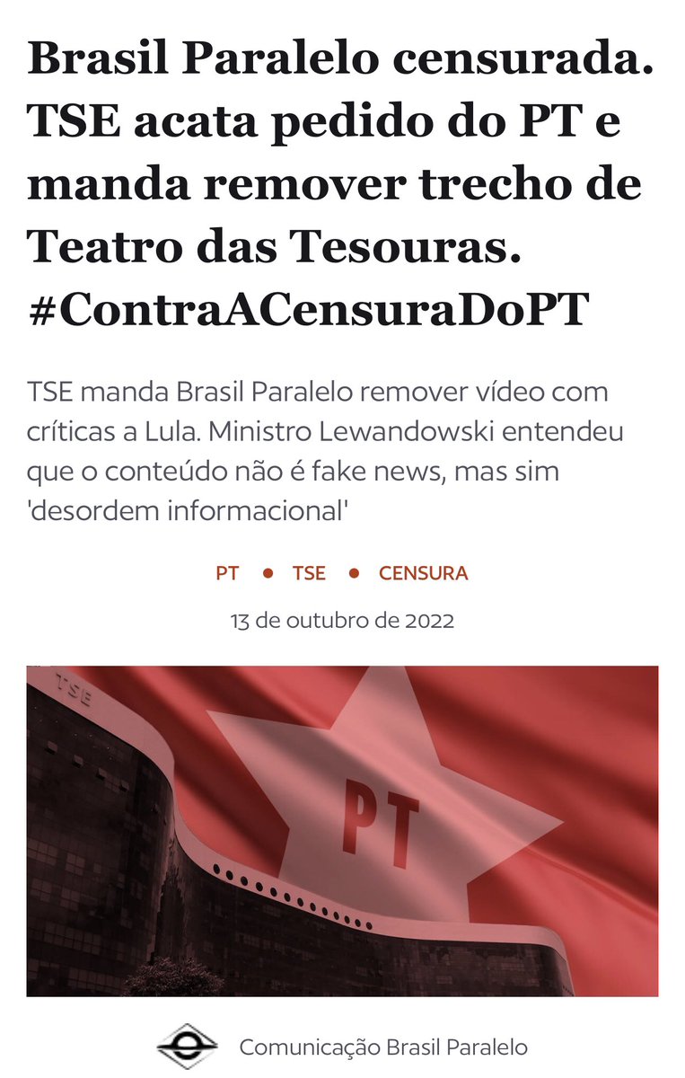 O estado de exceção é aqui e é agora. A ditadura do silêncio que será instaurada de vez se o corrupto favorito do STF vencer já está em curso - e com a benção dos tiranos censores do TSE. Se vc não entendeu até agora o que está em jogo nesta eleição, vc não entenderá jamais.