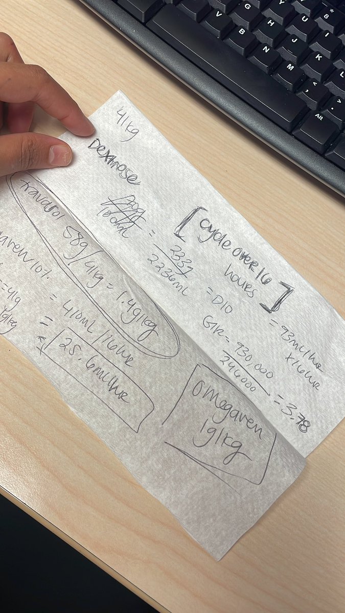 sallymansour_'s tweet photo. Got a call about TPN while at my doctor’s appointment, and wrote out my math on a paper towel while waiting for doc to come in… doc comes in proud that I wrote down questions for her…. Had to let her down and tell her it was just math… #pharmacistthings #twitterx https://t.co/EoL3OERFnV