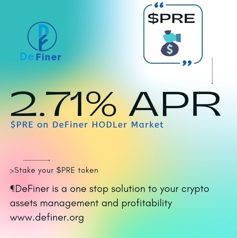 Harmony_Engr's tweet photo. Get more from your @TeamPresearch token $PRE. The APR is sustainable with @DeFinerOrg HODLer Market
https://t.co/Qh1rV3YzTc is the platform

#DeFiner #DeFinerShark #Crypto #DeFi #Polygon #DeFiLending #FinTech $FIN #Ethereum #OKEx https://t.co/599KApkiVR