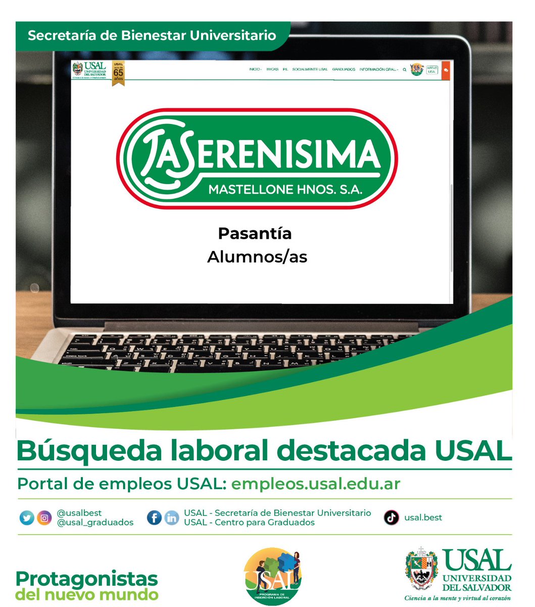 💥Busqueda Laboral destacada: La Serenisima - Pasanía.

🔍Puesto: Pasante de Administ
🏁Lugar: General Rodríguez. 

🚨Importante, Link para postularse:  empleos.usal.edu.ar/ofertas-detall…

#mastellonehnos