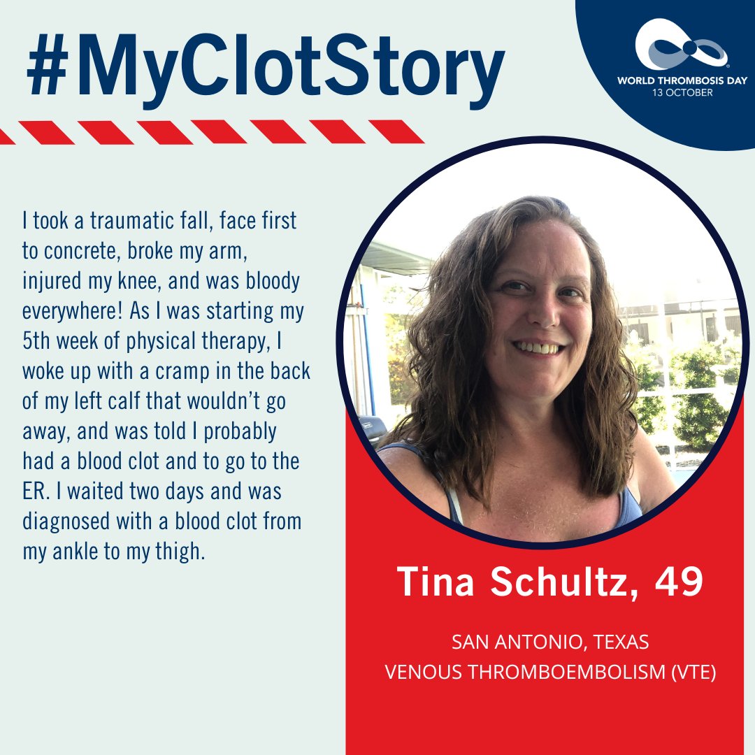 #MyClotStory: Tina Schultz had a broken arm and hurt her knee and was in physical therapy. After about five weeks, she started to feel a cramp in her calf that wouldn't go away. She went to the hospital and they found a VTE. #WTDay22