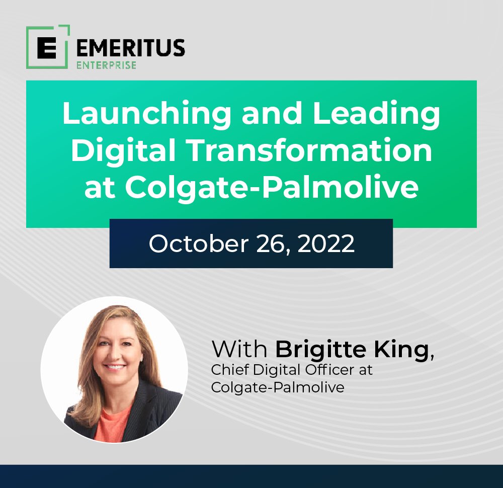 What skills do teams in today’s workplace need to drive #DigitalTransformation? Join us as we speak with Brigitte King, Chief Digital Officer at <a href="/CP_News/">Colgate-Palmolive</a>, about this topic on October 26 at an Emeritus Enterprise digital event.

Register: emrt.us/jnj