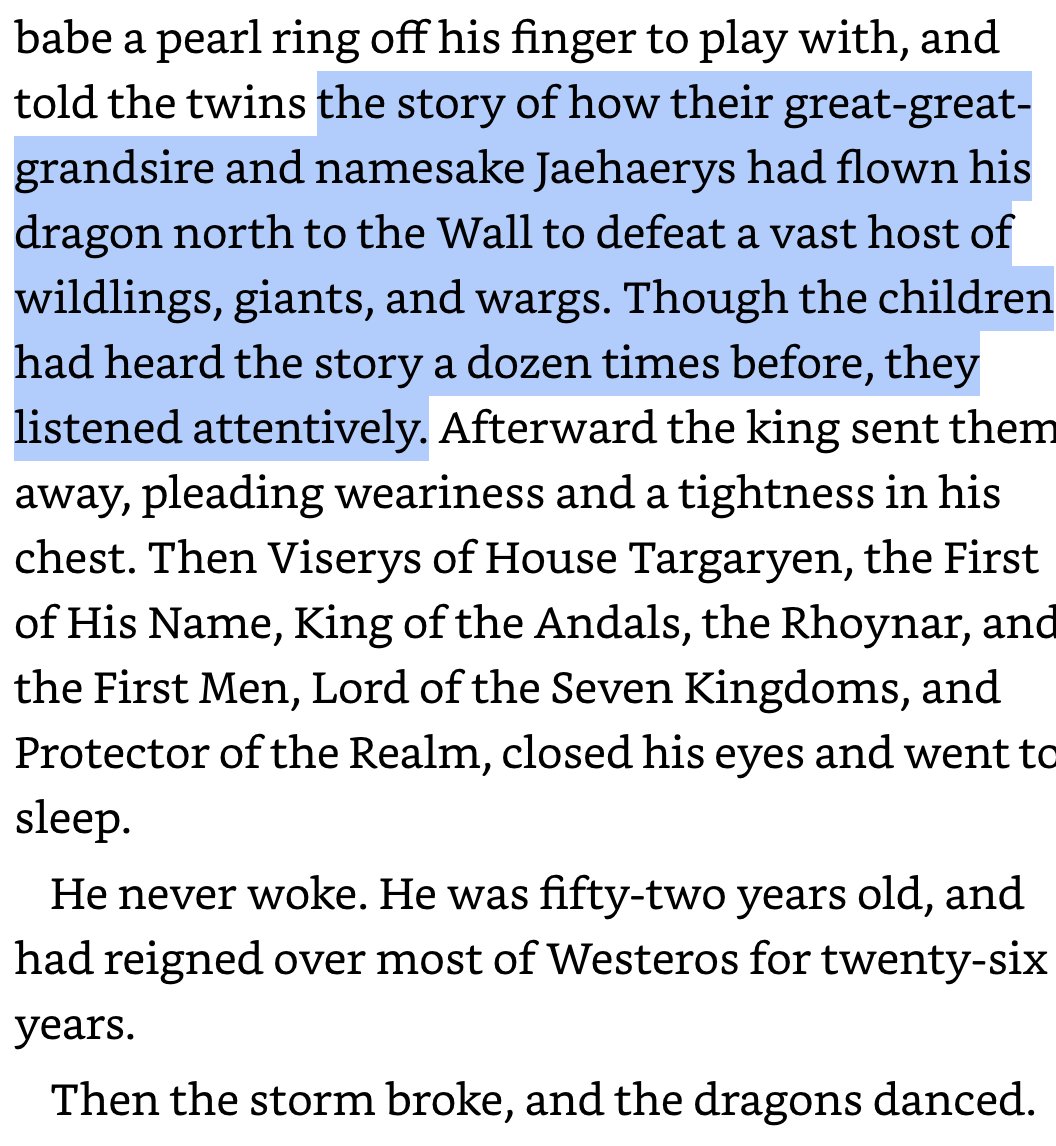 MalloryRubin's tweet image. Though Aegon's dream is new canon introduced on HOT D, it's notable that as Viserys fades in Fire &amp;amp; Blood, he's speaking to his family about Jaehaerys and the North. Already in F&amp;amp;B, winter was on his mind near the end.