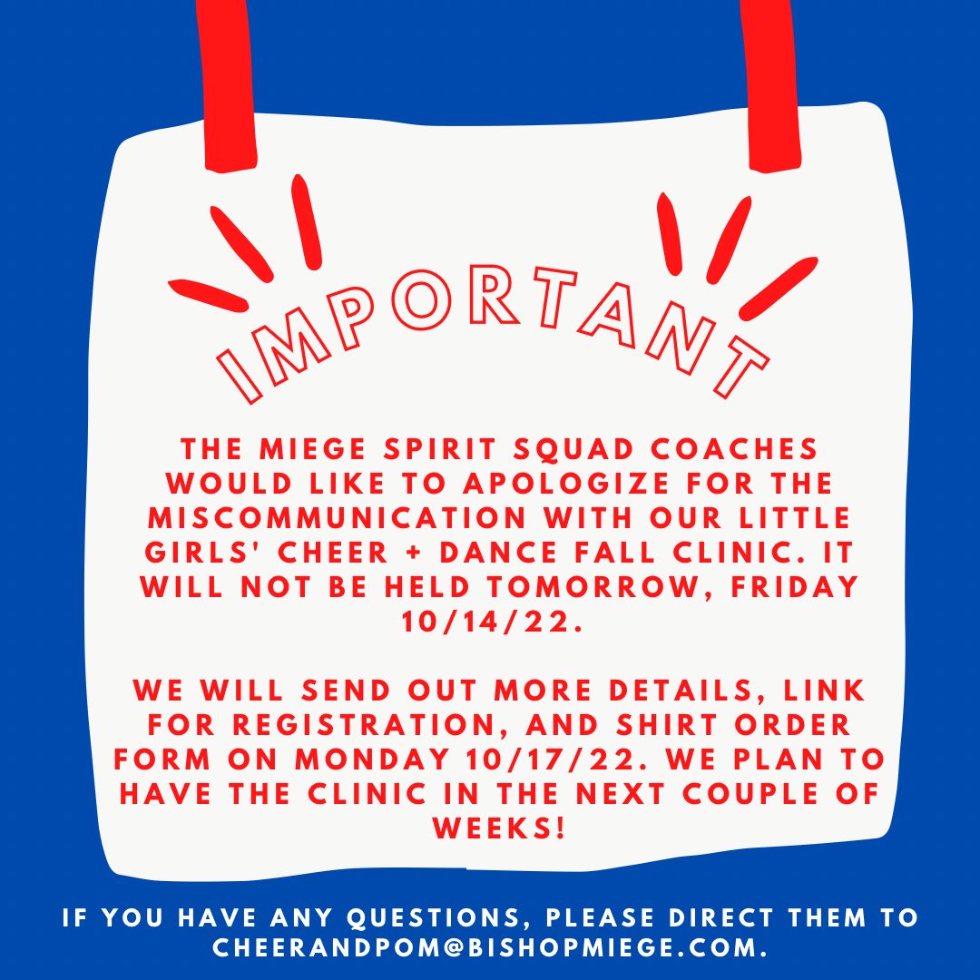 We apologize for the miscommunication, but there will not be a Cheer and Dance clinic tomorrow 10/14/22. Please be on the lookout for another date in the coming weeks. Thanks!