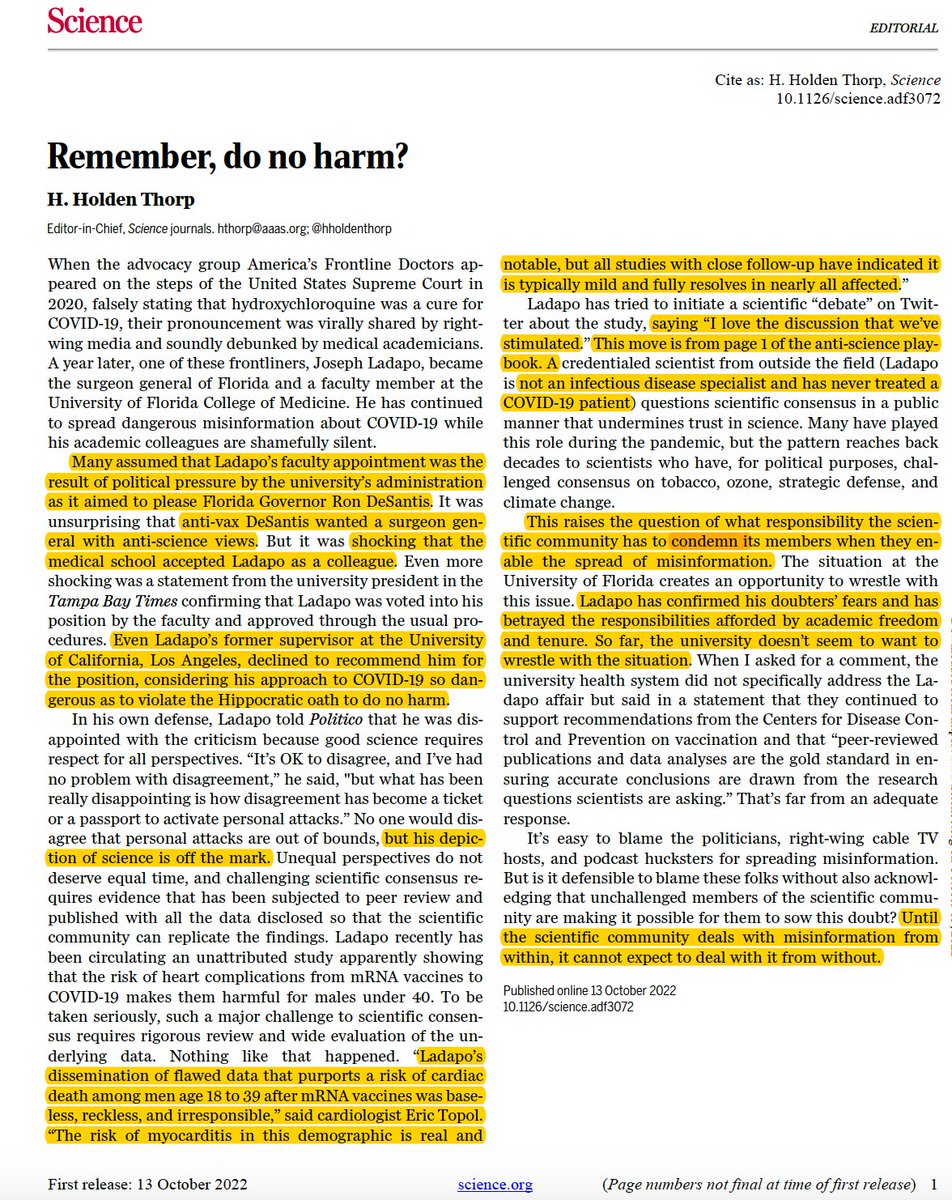 An important editorial <a href="/ScienceMagazine/">Science Magazine</a> by its Editor-in-Chief. A recurrent theme during the pandemic has been dissemination of medical mis/dis-information from physicians with faculty appointments, while their universities remain silent, which boils down to default complicity