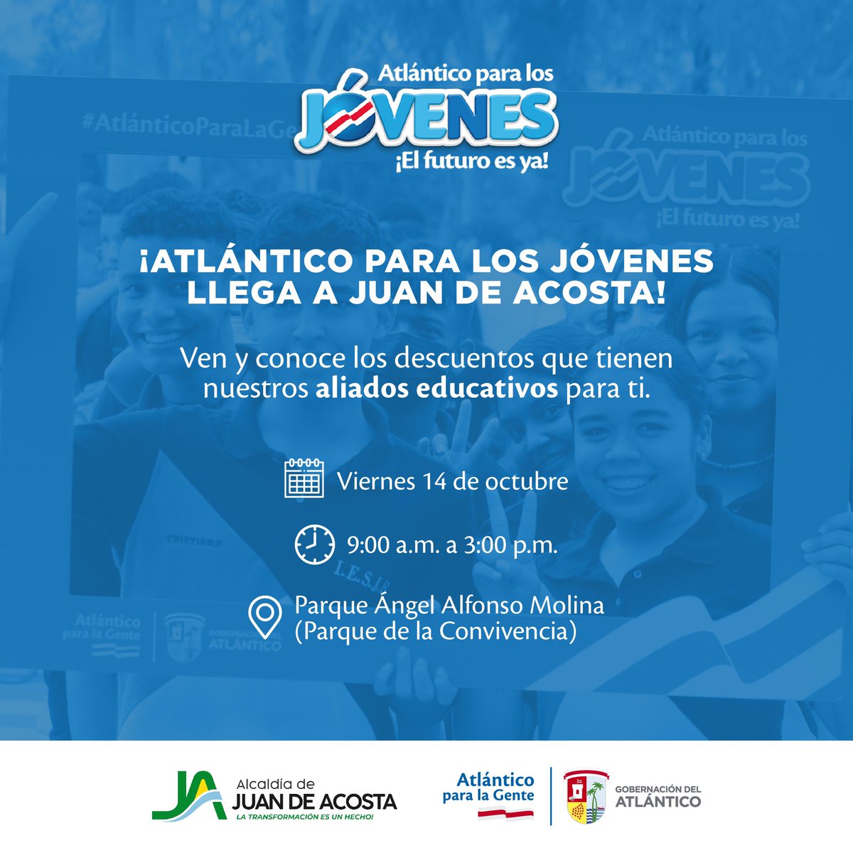 Gobatlantico's tweet photo. 📢¡Jóvenes de #JuanDeAcosta! Prepárense para recibir la gran oferta que trae nuestro programa #AtlánticoParaLosJóvenes‼️Es el momento de acceder a oportunidades de educación, vivienda, empleo y emprendimiento.

🗓Viernes, 14 de octubre 
🕘9:00 a.m.
📍Parque Ángel Alfonso Molina https://t.co/nI9gHmbSIM