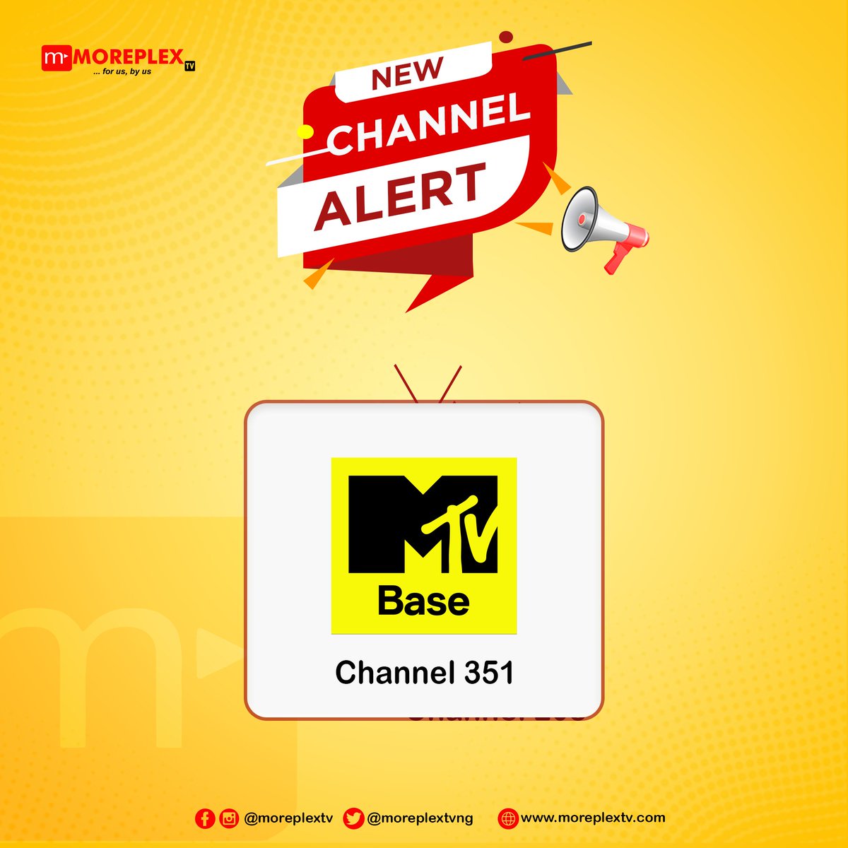 moreplextv1's tweet photo. New channel alert
MTV Base, Channel 351 on Moreplex TV
@MTVBaseAfrica #Moreplextv #ForUsByUs #Newchannel #UnlimitedEntertainment #no1africandecoder @MTV https://t.co/9Y16RmZUea