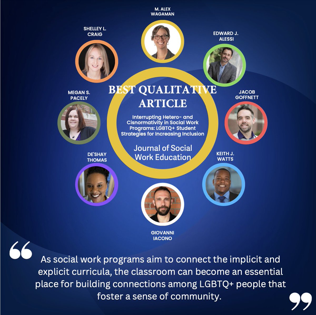 JSWE (@jswe_cswe) on Twitter photo JSWE is happy to announce the 2022 award winners for Best Qualitative article. Excellent work, authors!
@DparrishParrish <a href="/CSocialWorkEd/">CSWE</a> <a href="/alex_wagaman/">Alex Wagaman</a> <a href="/RutgersSSW/">Rutgers University School of Social Work</a> <a href="/VCUSocialWork/">VCU Social Work</a> <a href="/WattsKeithJ/">Keith J. Watts, PhD, MSW</a> @gioiacono81 @Dr_dardeee @DrMegPaceley <a href="/UofT_FIFSW/">Factor-Inwentash Faculty of Social Work</a> JSWE is happy to announce the 2022 award winners for Best Qualitative article. Excellent work, authors!
@DparrishParrish <a href="/CSocialWorkEd/">CSWE</a> <a href="/alex_wagaman/">Alex Wagaman</a> <a href="/RutgersSSW/">Rutgers University School of Social Work</a> <a href="/VCUSocialWork/">VCU Social Work</a> <a href="/WattsKeithJ/">Keith J. Watts, PhD, MSW</a> @gioiacono81 @Dr_dardeee @DrMegPaceley <a href="/UofT_FIFSW/">Factor-Inwentash Faculty of Social Work</a>
