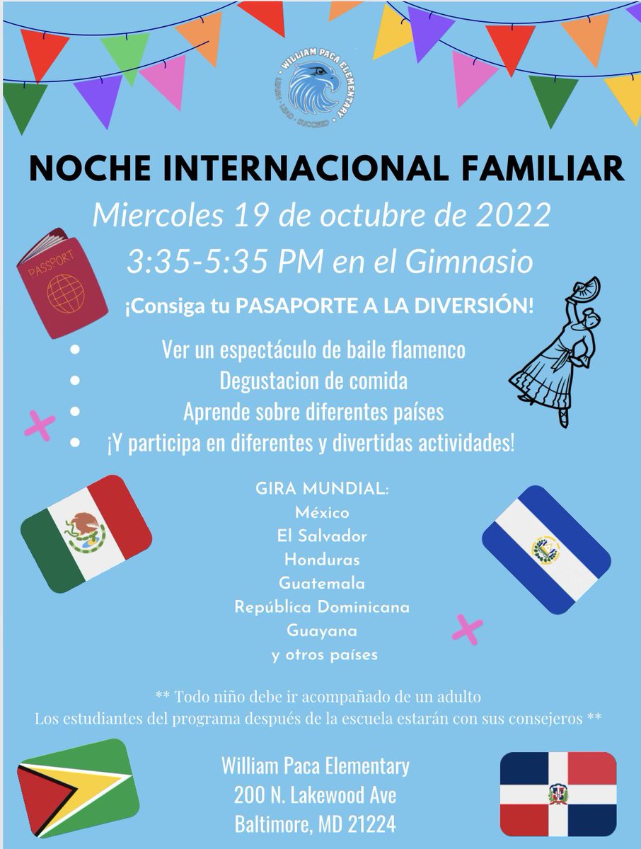 WilliamPacaElem's tweet photo. Come and join us next week as we celebrate different countries on our international night! So many exciting things to see and try! #pacapride @SonjaSantelises @JohnDavisBCPS @BaltCitySchools @olinka82 @olia_hardy https://t.co/x1Nqaffzb0