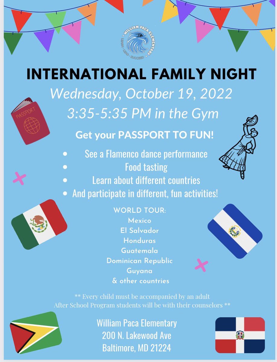 WilliamPacaElem's tweet photo. Come and join us next week as we celebrate different countries on our international night! So many exciting things to see and try! #pacapride @SonjaSantelises @JohnDavisBCPS @BaltCitySchools @olinka82 @olia_hardy https://t.co/x1Nqaffzb0