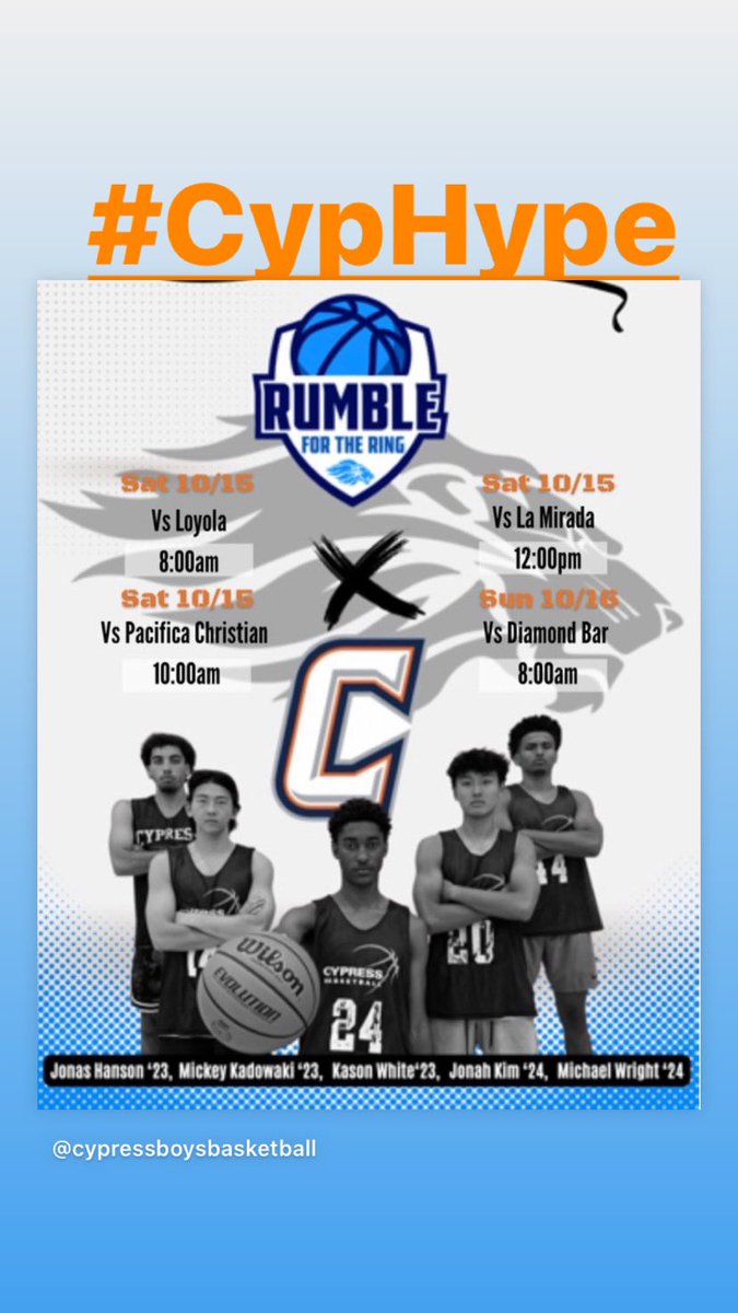 The Cents are back at it this weekend at the <a href="/WCEBball/">West Coast Elite Basketball</a> showcase
Rumble for the Ring! 
Both JV &amp; Varsity will be reppin for Cypress!
#CypHype
<a href="/OCSportsZone/">OC Sports Zone</a> <a href="/ocvarsity/">ocvarsity</a> <a href="/LACourtReport/">LA Court Report</a> <a href="/MattyK31/">Matthew Kovach</a> <a href="/FullTimeHoops1/">Aaron Burgin</a> <a href="/cyphype/">CYPHYPE</a> <a href="/SteveFryer/">Steve Fryer</a> <a href="/James_Escarcega/">James Escarcega 📈🏈🏀⚾️🥎 🤼🤽🏽‍♂️🏊🏼‍♀️🏌🏻⚽️</a>