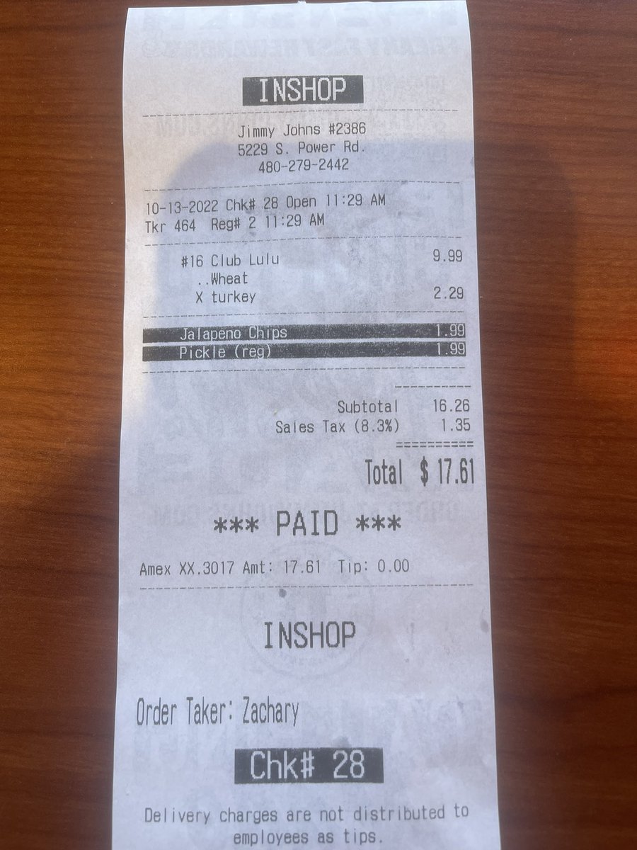 LeeTinnon's tweet photo. Well it’s been real @jimmyjohns. $17.61 for a sandwitch (with 2 extra pieces of turkey) chips and a pickle? #ripoff https://t.co/rc3fbcX2EO
