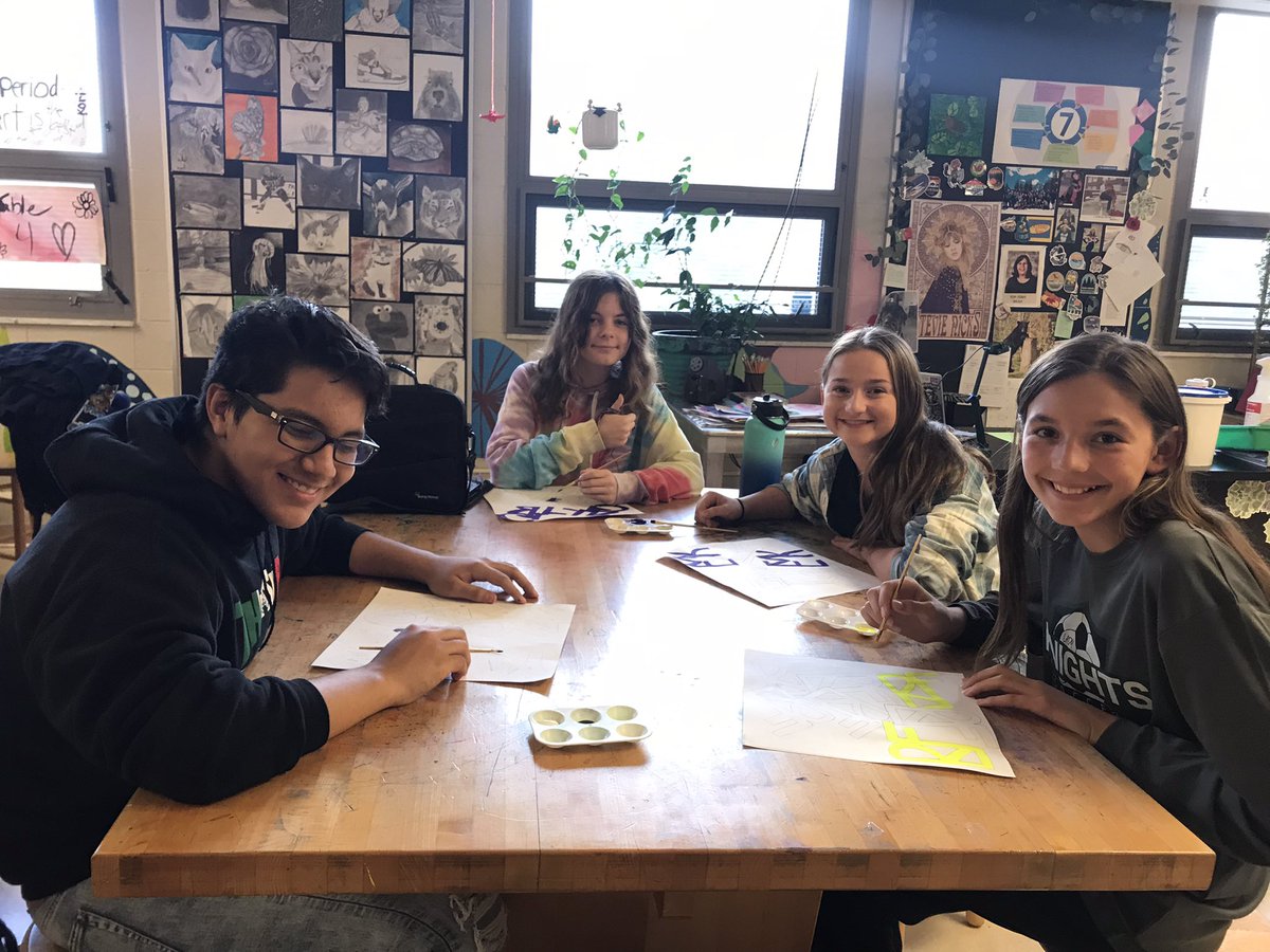 MalkusART's tweet photo. Artists used their initials to create designs focusing on negative space. Next-they layered their designs to create depth and more negative space within their compositions. Finishing up with color schemes and paint. https://t.co/zInvNzMZqu