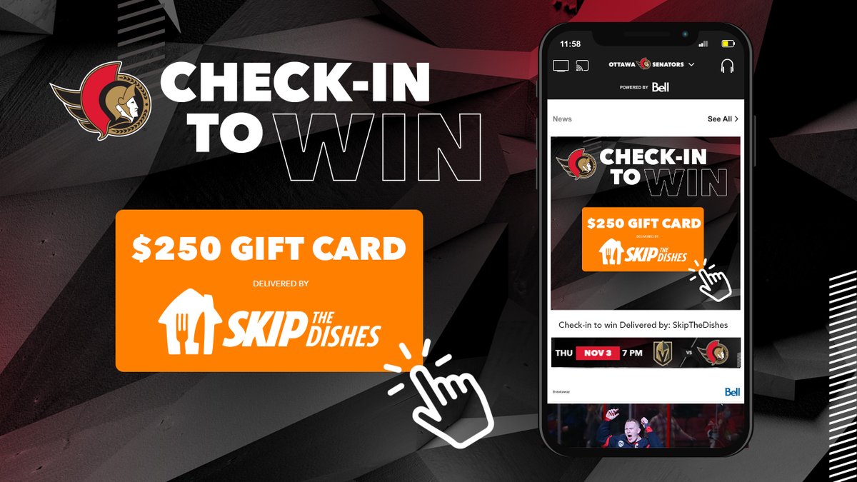 Senators's tweet image. The #Sens are on the road, so make sure you check-in and you could win a $250 @SkipTheDishes gift card! 

Use the link before the end of the game to get your name into the monthly draw!

Enter 👉: ottsens.com/3yFMJDX