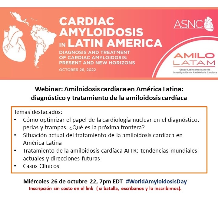 ❤️2o webinar  #AMILOLATAM #Amiloidosis cardíaca en América Latina: diagnóstico y tratamiento de la amiloidosis cardíaca <a href="/MyASNC/">ASNC Society</a>  #worldamyloidosisday #Amyloidosis <a href="/AmyloidosisDay/">World Amyloidosis Day</a> 
➡️En español, diapos en inglés. 
📌 Inscripción sin costo asnc.org/ev_calendar_da…