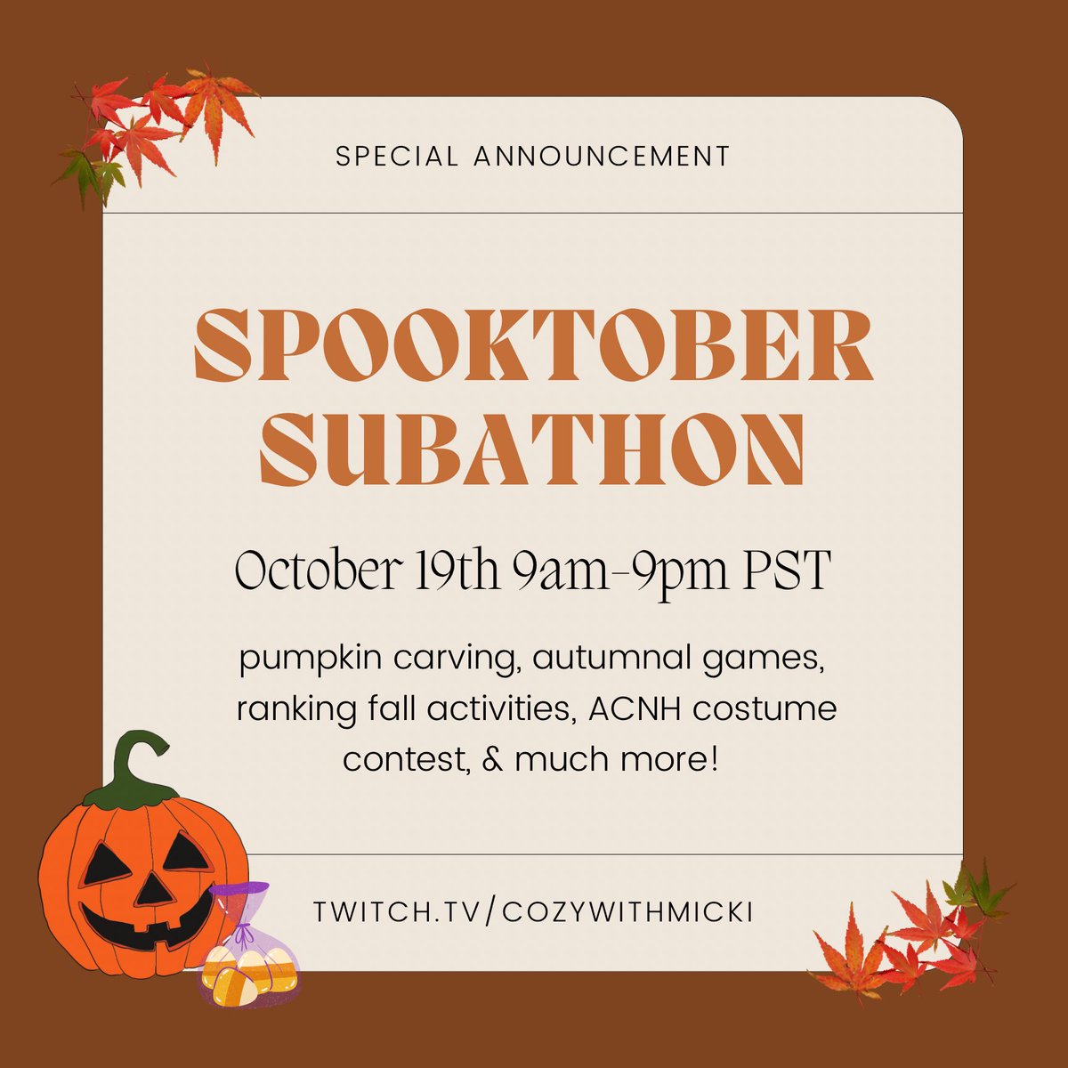 next week i will be hosting my very first subathon on twitch! 🎃🍂
it would mean the world to me if you were there. i’ll be streaming for 12 hours so please come by anytime &amp; say hi! ✨

*retweets are always greatly appreciated &amp; help to support my event!*