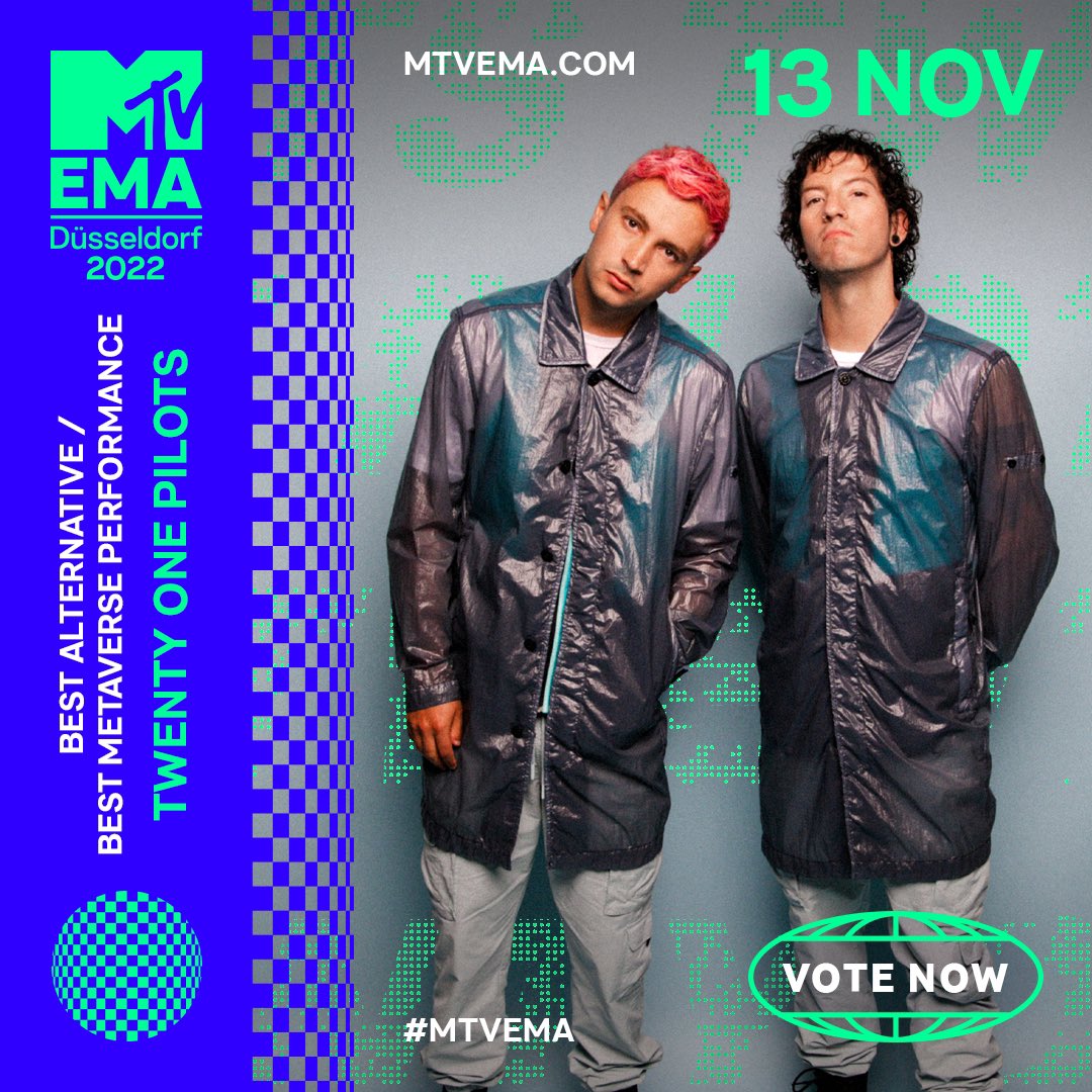 FueledByRamen's tweet image. Guess who's nominated for Best Alternative and Best Metaverse Performance at the @mtvema's?? @twentyonepilots!!
 
Vote now at mtvema.com/vote