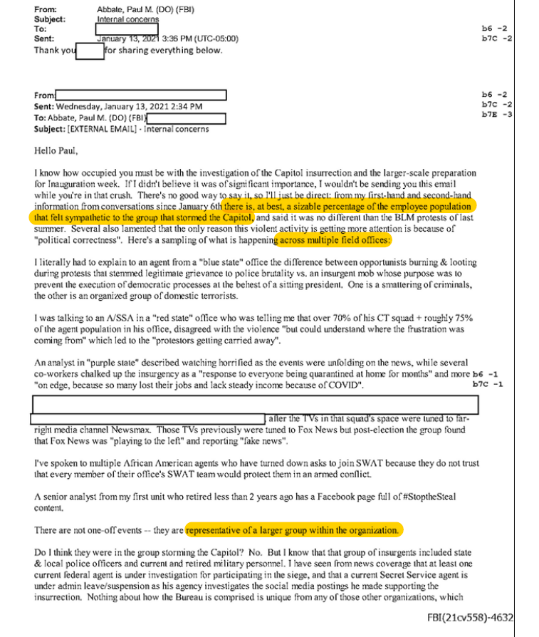 Wanted: FBI Director willing to conduct internal review of January 6 intelligence/law enforcement failure @KenDilanianNBC @ryanjreilly report this doc informing top FBI: 'sizeable percentage of the employee population that felt sympathetic to the group that stormed the Capitol”