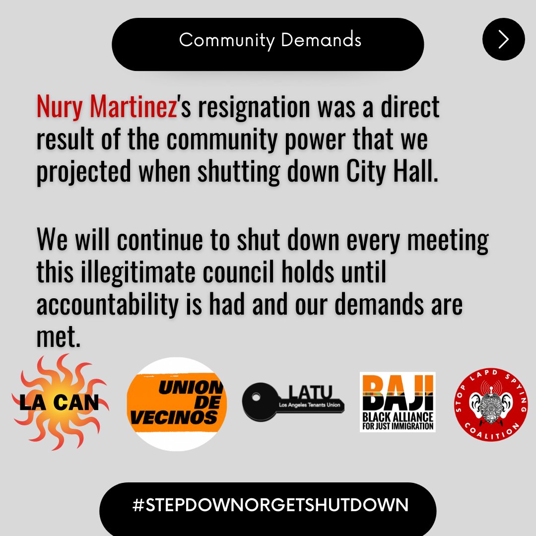 Nury Martinez’s resignation was a direct result of the collective power displayed at City Hall yesterday. We did that shit. And we're DEFINITELY NOT DONE. 

Read our continuing demands with <a href="/LACANetwork/">LA CAN</a> <a href="/UniondVecinos/">La Union de Vecinos, Local Este de SILA</a> <a href="/LATenantsUnion/">L.A. Tenants Union</a> and <a href="/BAJItweet/">BAJI</a>. #stepdownorgetshutdown