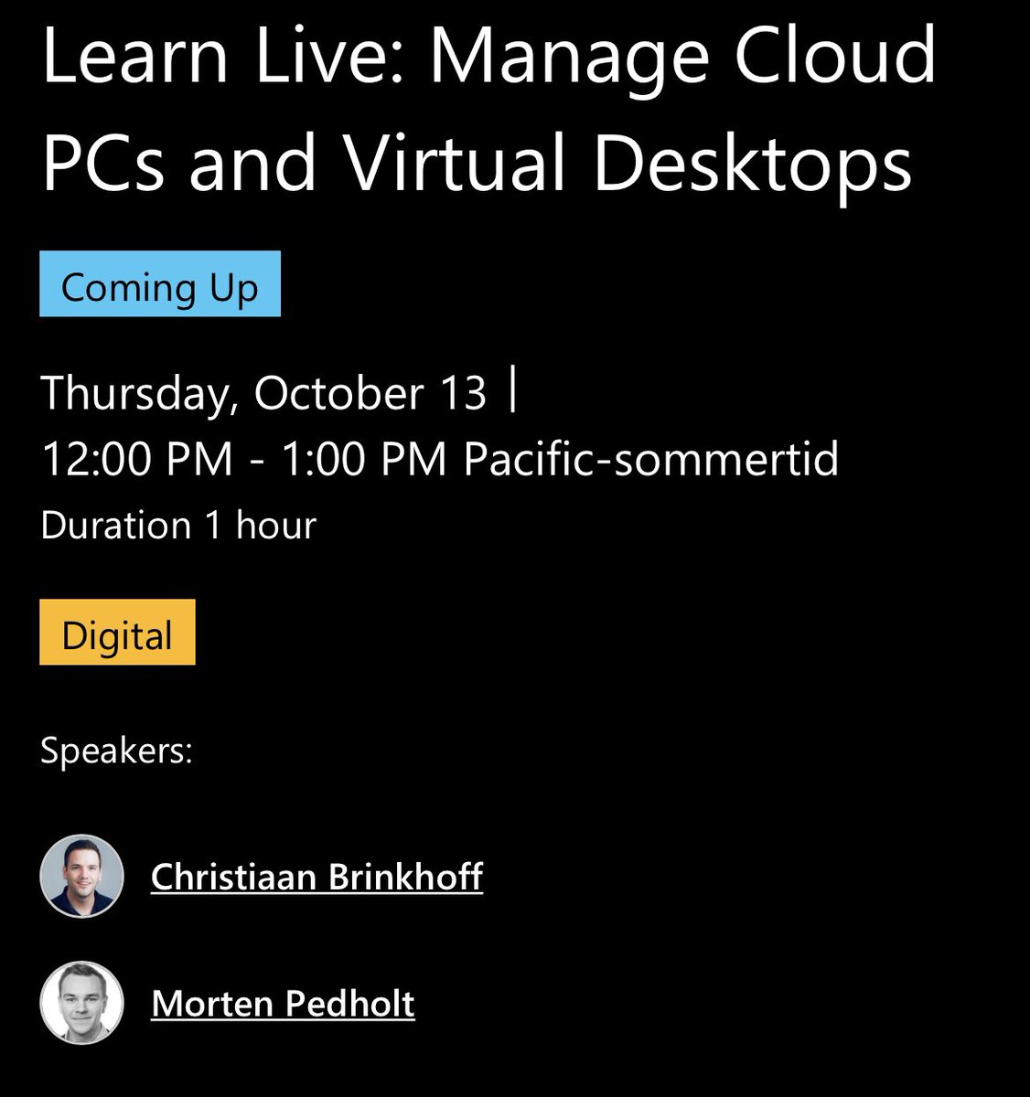 jefutte's tweet photo. If you're into #AzureVirtualDesktop and #Windows365 don't forget the digital session coming up in 10 minutes, with @MortenPedholt and @Brinkhoff_C 

https://t.co/oWAHIABOlD https://t.co/gqx9Yo9ApR