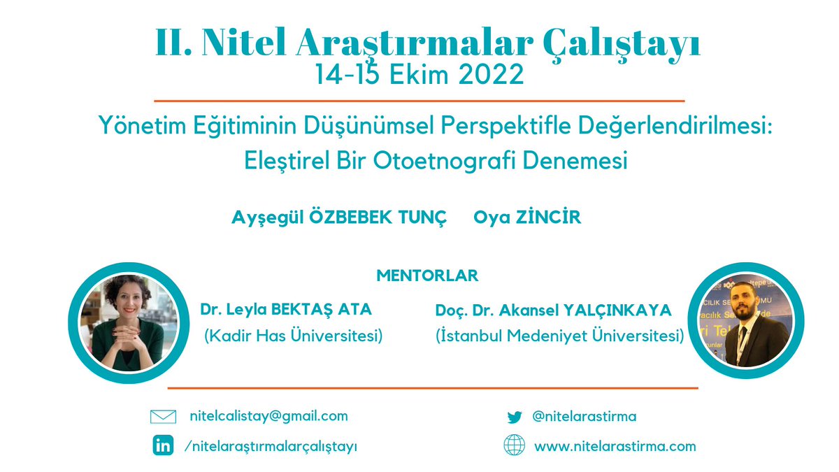 15 Ekim Nitel Araştırmalar Çalıştayı beşinci oturumunda "Yönetim Eğitiminin Düşünümsel Perspektifle Değerlendirilmesi" başlığı altında Dr. Leyla Bektaş Ata ve Doç. Dr. Akansel Yalçınkaya ile birlikte olacağız. 
#nitelcalistay2022
<a href="/akanselylcnky/">Akansel Yalçınkaya</a> <a href="/leylabektasata/">Leyla Bektaş Ata</a>