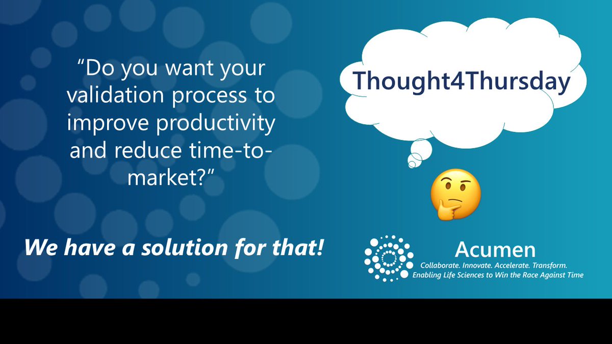 AcumenAnalytics's tweet photo. 3 o'clock #Thought4Thursday 
Do you want your validation process to improve productivity and reduce time-to-market? 

#Acumen has a solution for that! Get in touch: https://t.co/lL3ZYTE42R

#eValidate #DigitalTransformation #Collaborate #Accelerate #Innovate #Transform #data https://t.co/lwWR36e6jt