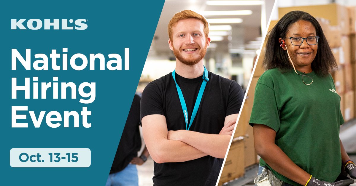 Have you heard the news? 📣 <a href="/Kohls/">Kohl's</a> National Hiring Event Starts TODAY!  Oct 13th - 15th  11AM - 7PM. 

We're #hiring thousands of associates for our Stores and Distribution teams -- apply now! bit.ly/3VptgRL