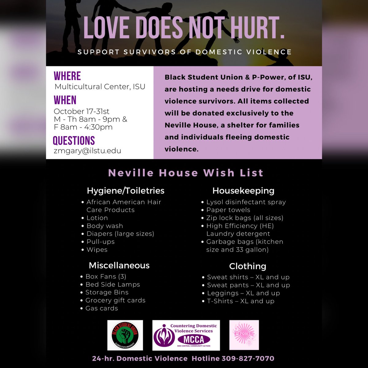 Our Countering Domestic Violence Program is collaborating with students of the Black Student Union and P-Power at ISU! Oct. 17th-31st items can be dropped off at the Multicultural Center on campus 💜 #DVAM2022 #dvawareness #standupwithmev