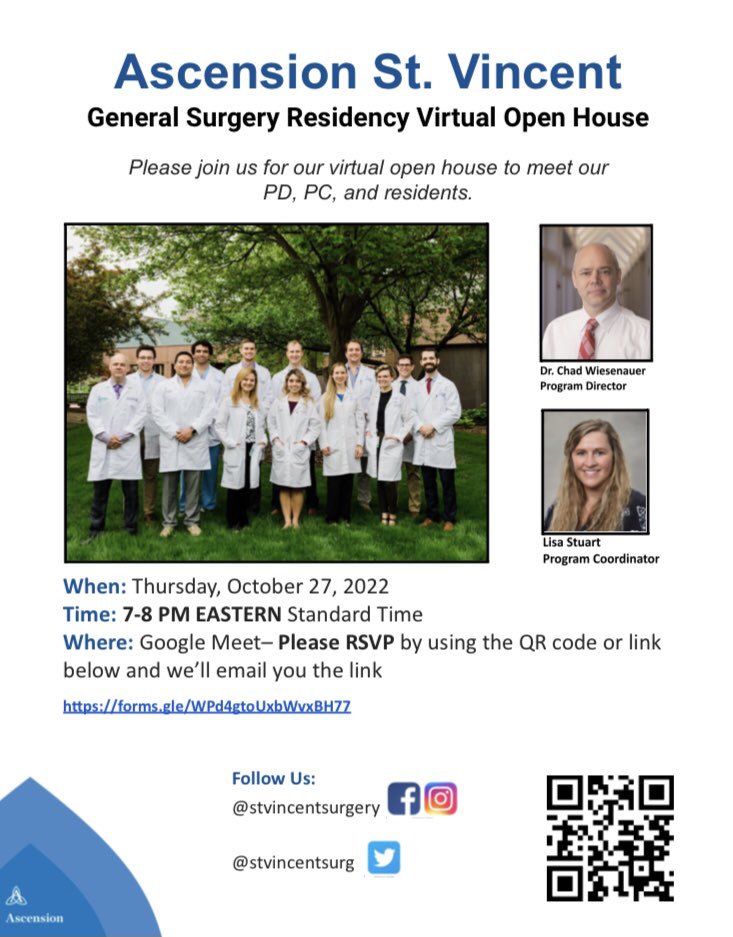 stvincentsurg's tweet photo. Come join us for our Virtual Open House on Thursday, October 27 from 7-8pm EST!
#virtualopenhouse #joinus #welcome #wedontbite #butwedocut #surgery #surgeon #generalsurgery #surgeonsofinstagram #surginstagram #surgerylife #meded #match2023 #gensurgmatch2023 #ascensionstvincent https://t.co/36jLE0dH2k