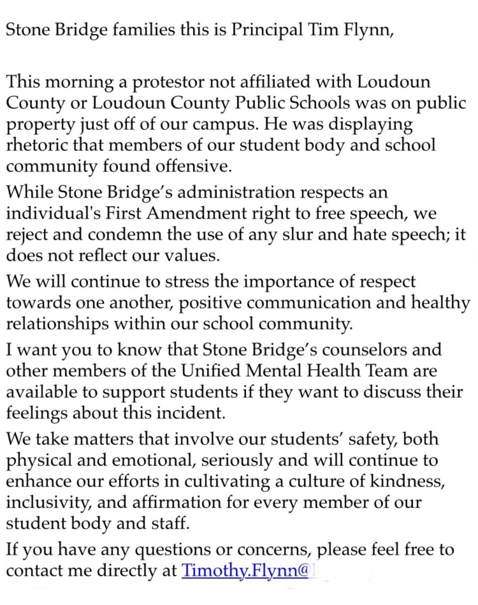 BillboardChris's tweet photo. I’m outside Stone Bridge High School in Loudoun County, where the school principal is accusing me of slurs and hate speech.

Principal Flynn, I just think we shouldn’t be teaching kids they are born in the wrong body.

They are beautiful as they are. No puberty blockers needed! https://t.co/bW8XlsibQ5