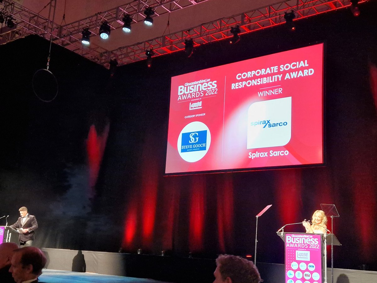 RandallPayne's tweet photo. The winner of the Corporate Social Responsibility award goes to @Spirax_Sarco_UK. We'll done! #GlosBizAwards https://t.co/rym8akwTi5