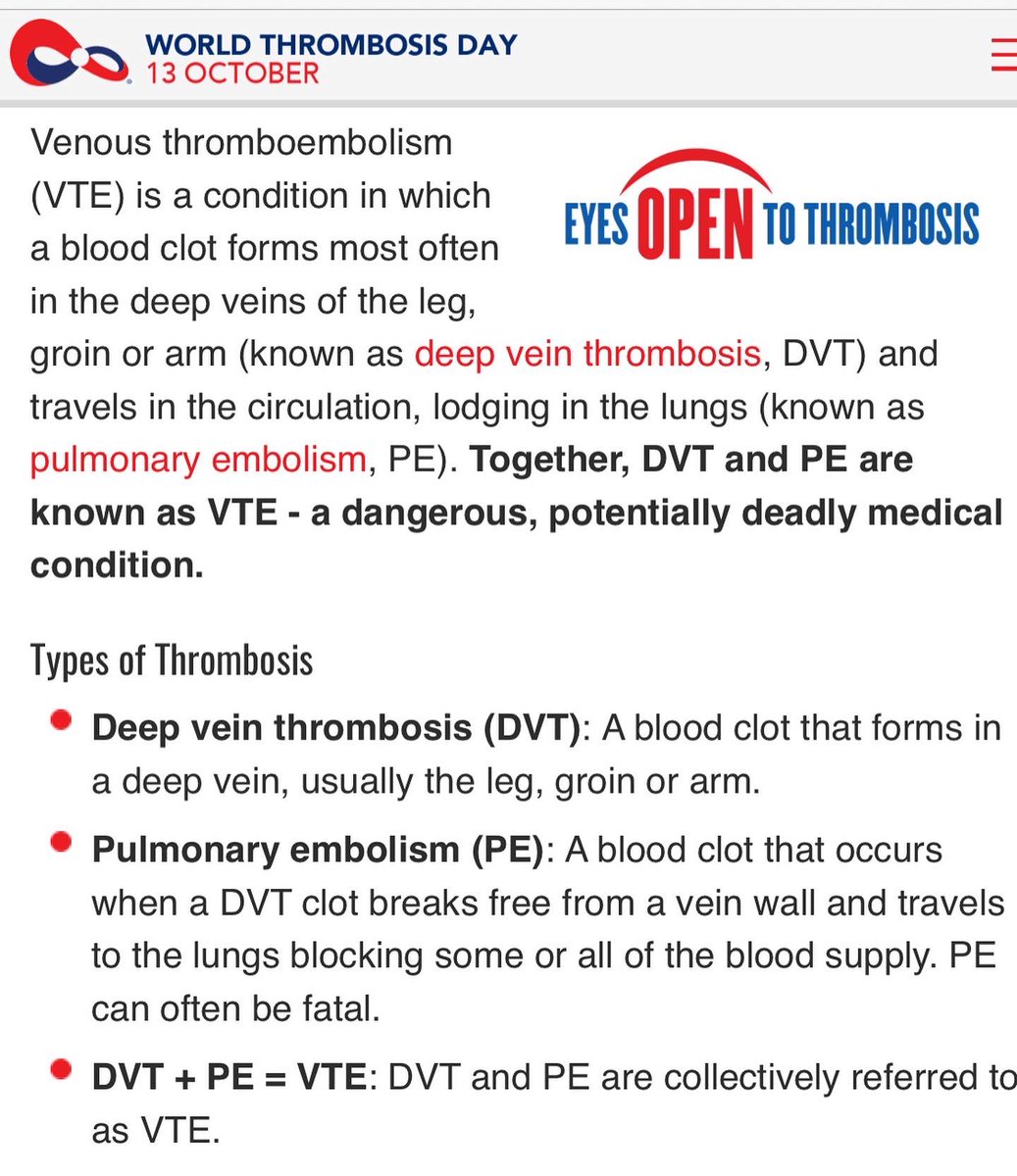 Today is #WorldThrombosisDay. VTE can be life-threatening or organ-threatening & leads to around 100K-300K deaths in the US alone annually. #BloodClots are treatable but most people may not recognize the signs and symptoms. Here are some helpful facts from @thrombosisday