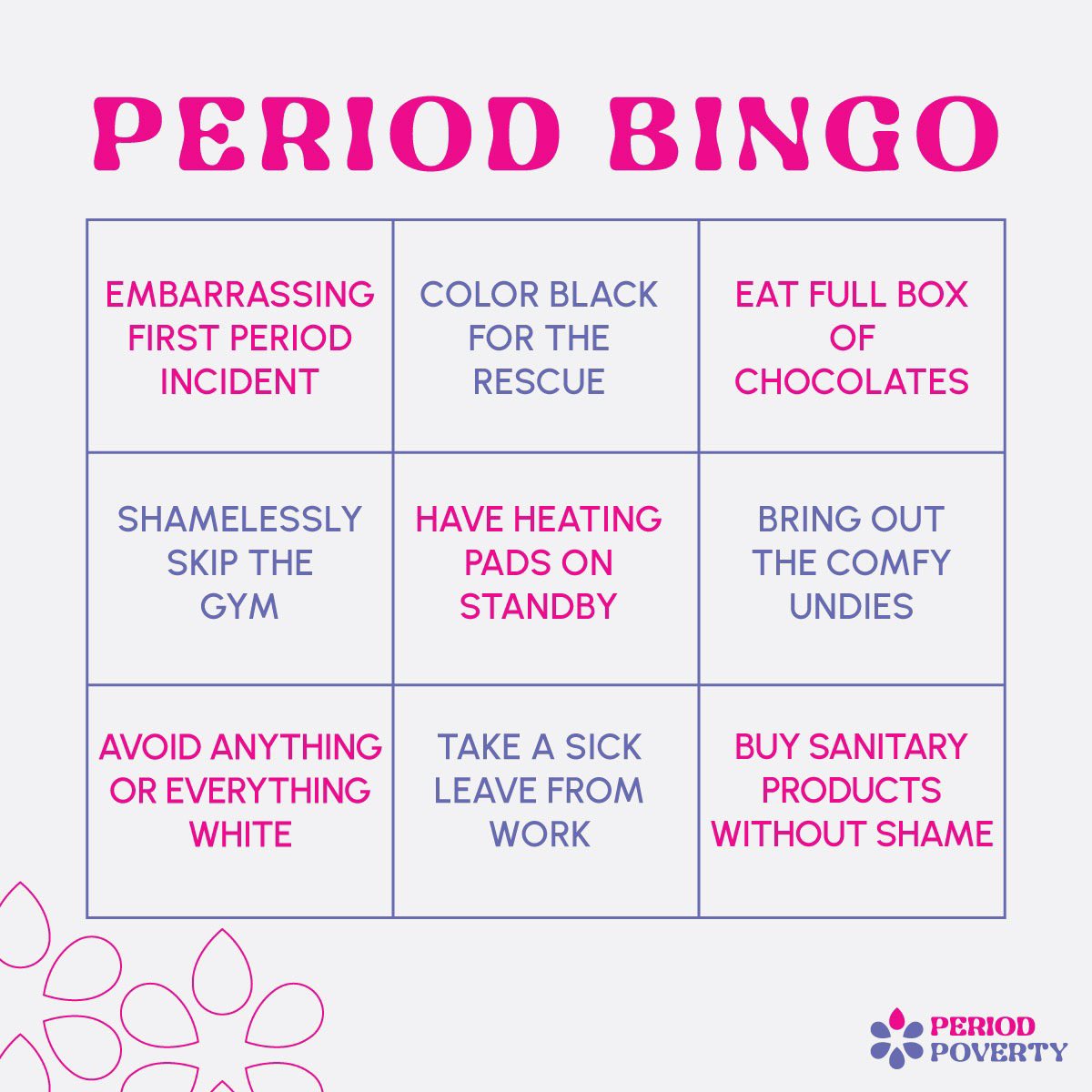 _PeriodPoverty's tweet image. Which one of the above are you guilty of doing during your period?
#periodbingo #heatingpads #periodessentials #periodcramps #periods #auntflow #thattimeofthemonth #chocolates #pms