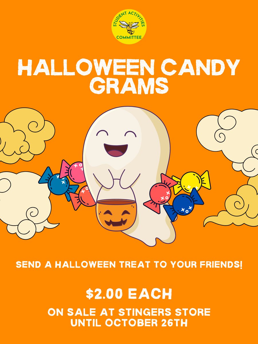 Halloween Candy Grams are back! You can now purchase your candy grams now in the Stingers Store for only $2.00! Orders are due October 26th and the delivery day will be on October 31st. #tecvoc