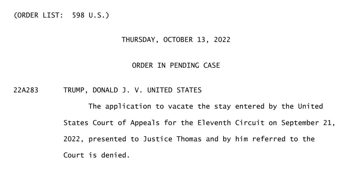 Supreme Court denies Trump request on Mar-a-Lago documents. No noted dissents