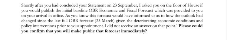 @Peston A fortnight ago today @MelJStride wrote to @KwasiKwarteng and requested he immediately make public the OBR forecast that was handed to KK on his first day in the Treasury. Why didn’t the Chancer of the Exchequer comply with said request? 🤨

#TrussUnfitToGovern 
#KwartengMustGo