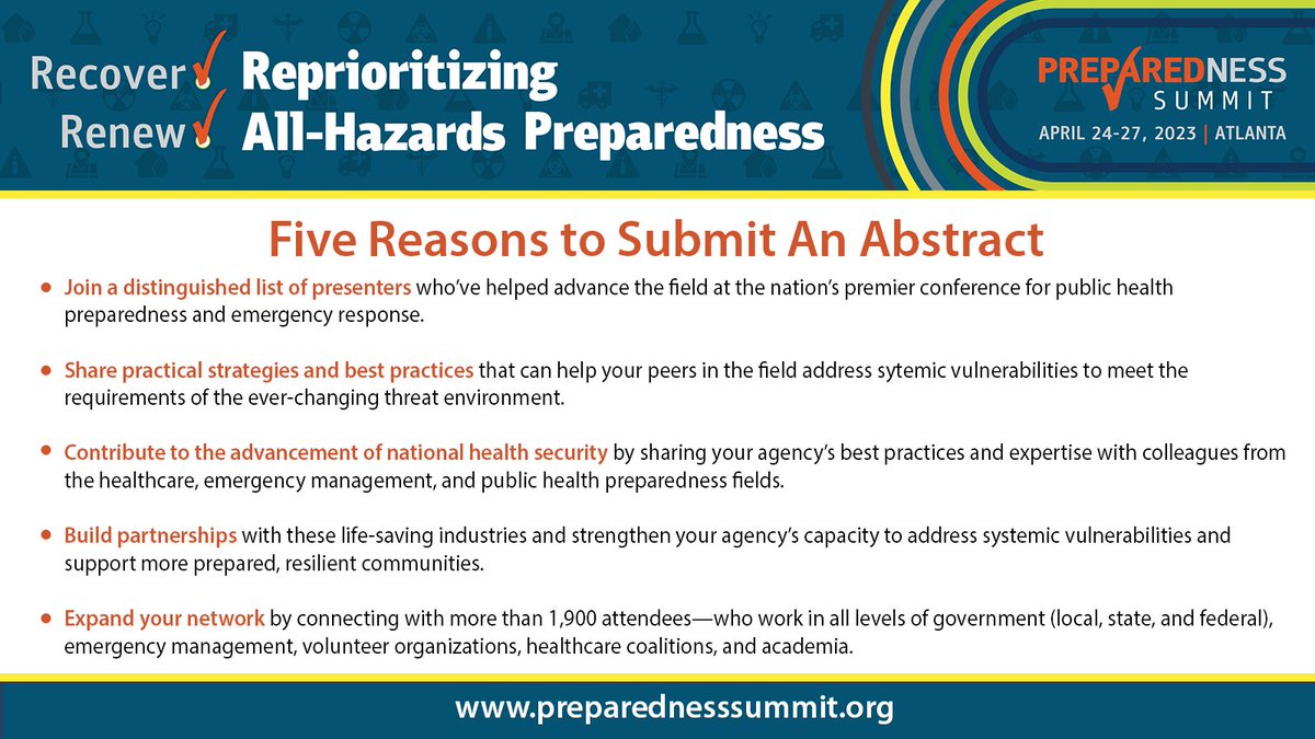 prepsummit's tweet photo. Are you ready to join a distinguished list of presenters at the country’s first and longest-running national conference on #PublicHealth preparedness? The 2023 Preparedness Summit is now accepting abstracts! #Prep23 https://t.co/WrJZvVPvZj #EMGTwitter #phep #RDHRS https://t.co/Jy8DLqYiJJ
