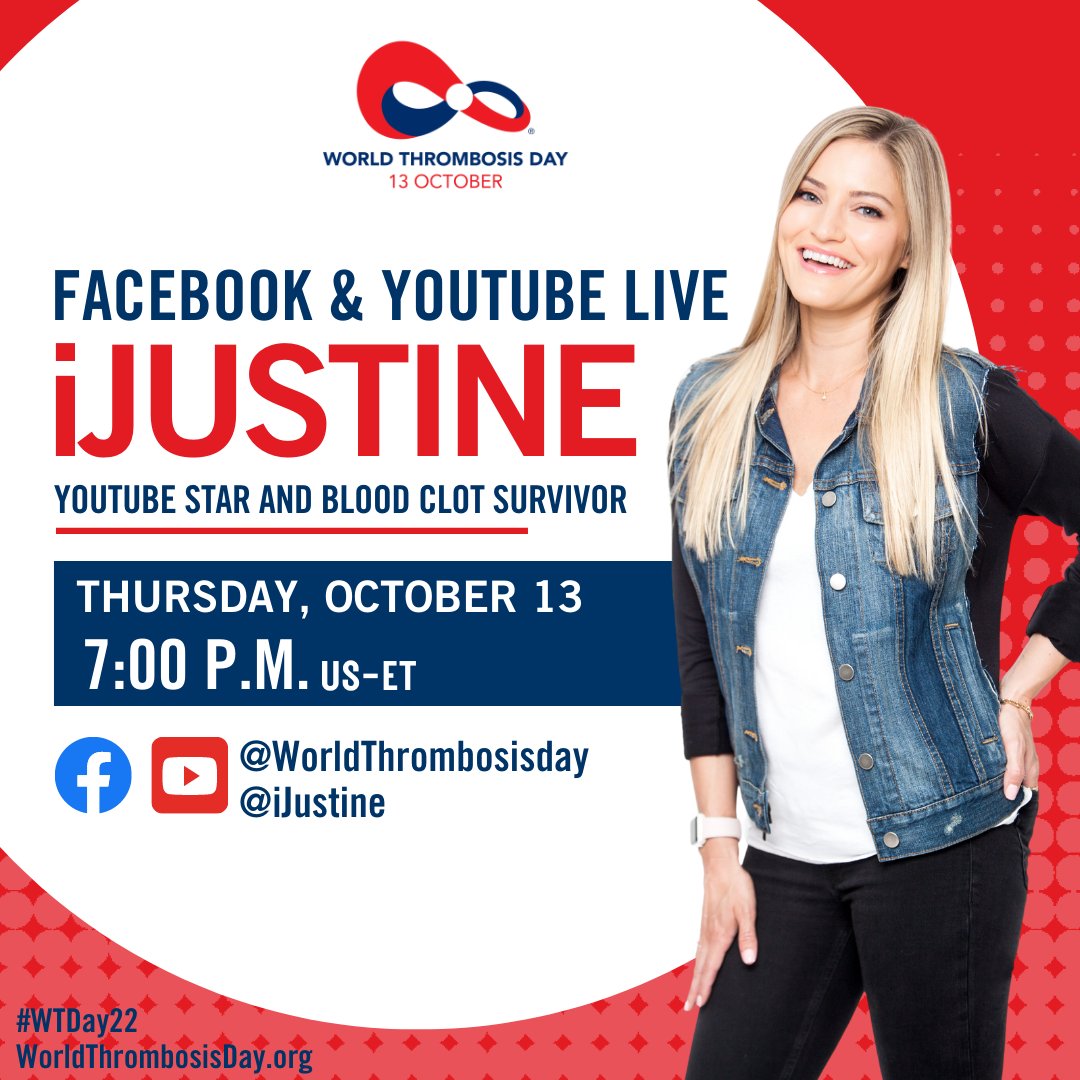 🤚 Raise your hand if you are excited for the Facebook Live with @ijustine happening today at 7 p.m. (US-ET). Join us as we hear from our U.S. Patient Advocate about her experience as a #bloodclotsurvivor. bit.ly/3f66wFv #WTDay22#BloodClotAwareness #iJustine