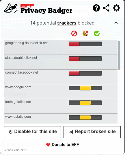 TvPrivacy's tweet photo. In video: #Firetools, #Flatpak + #Flatseal, #Firefox/#Librewolf #Browser #Containers, and @EFF #PrivacyBadger.
All simple tools you can use to better improve your privacy.
What makes Privacy Badger unique is blocking based on tracker behavior. From the #EFF.
.
Try it. 🙂 https://t.co/tflZgMPF3D
