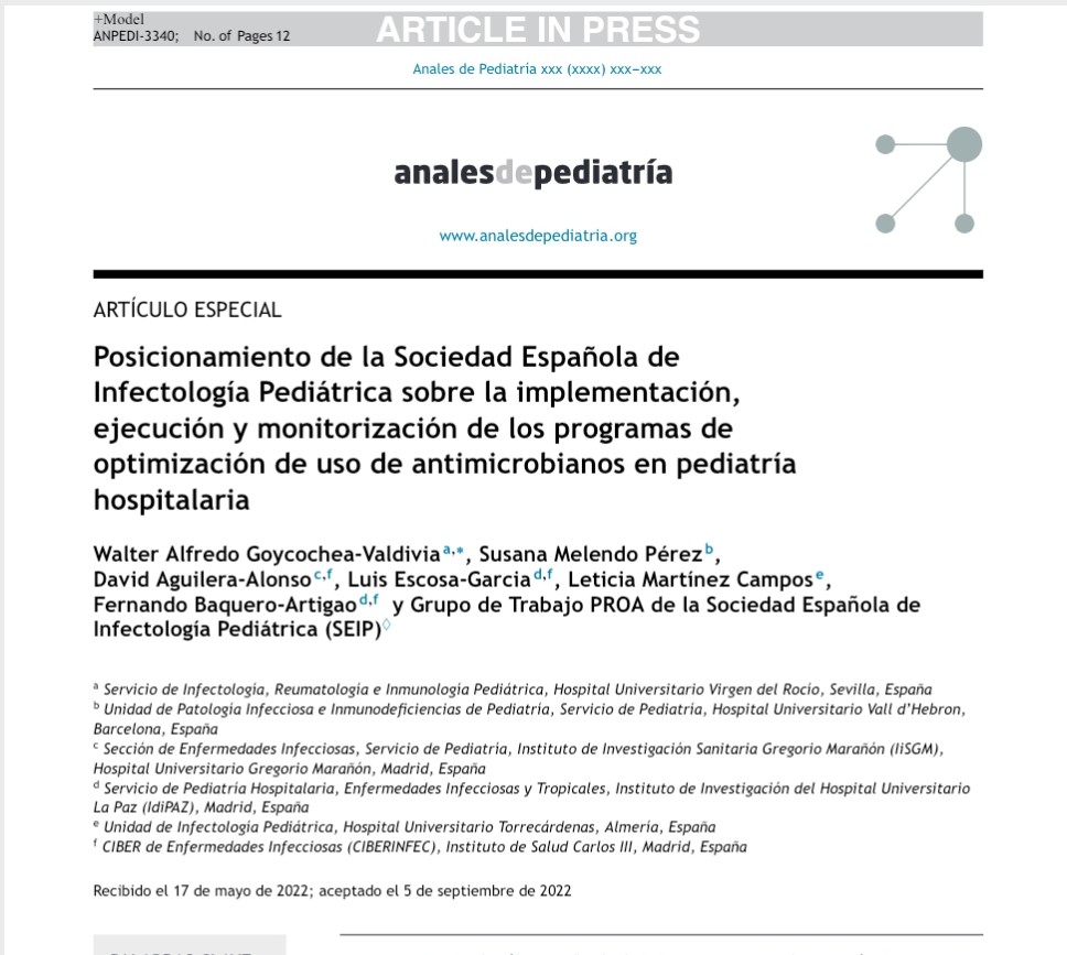 seipweb's tweet photo. #GT_PROA Posicionamiento de la Sociedad Española de Infectología Pediátrica sobre la implementación, ejecución y monitorización de los programas de optimización de uso de antimicrobianos en pediatría hospitalaria
https://t.co/jHvawxvmht https://t.co/JbEUArduxJ