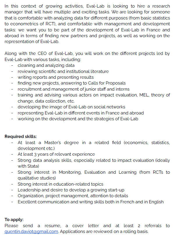 We are hiring a Research Manager at Eval-Lab! Join us in this young and growing #impact #evaluation company! #EconTwitter