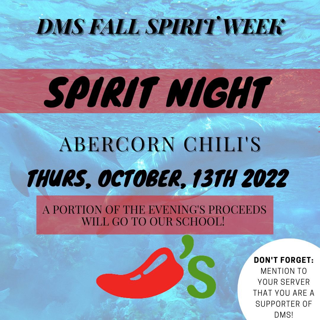 Friendly Reminder: We have Spirit night at Chili’s on Abercorn, this evening 4-until close! Mention to your server so that we receive proceeds of the night donated to us! See you there! #greatdaytobeadolphin #1009dolphins 🐬💙